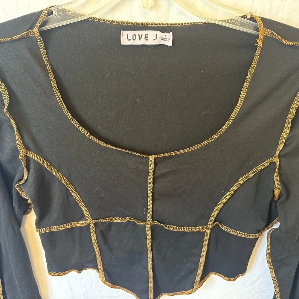 Love J Black Contrast Stitch Corset Style Crop Top Long Sleeve Small - Picture 2 of 4